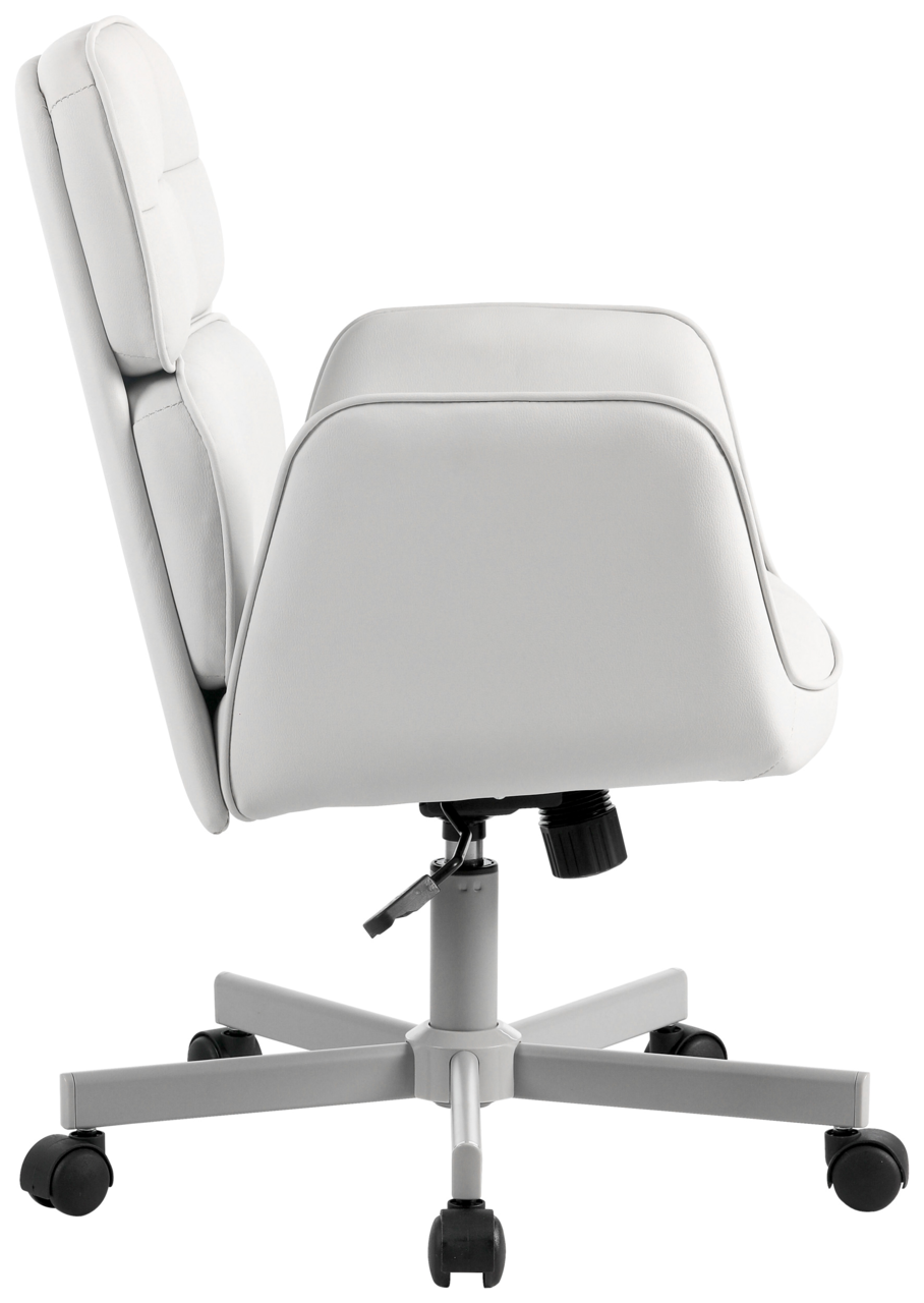 Moderner weißer Drehstuhl aus seitlicher Perspektive mit gepolsterter Rückenlehne und Armlehnen, auf einem stabilen Fuß mit Rollen.