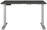 Elektrisch höhenverstellbarer Schreibtisch in der Frontalansicht mit grauer Tischplatte und silbernen Beinen.