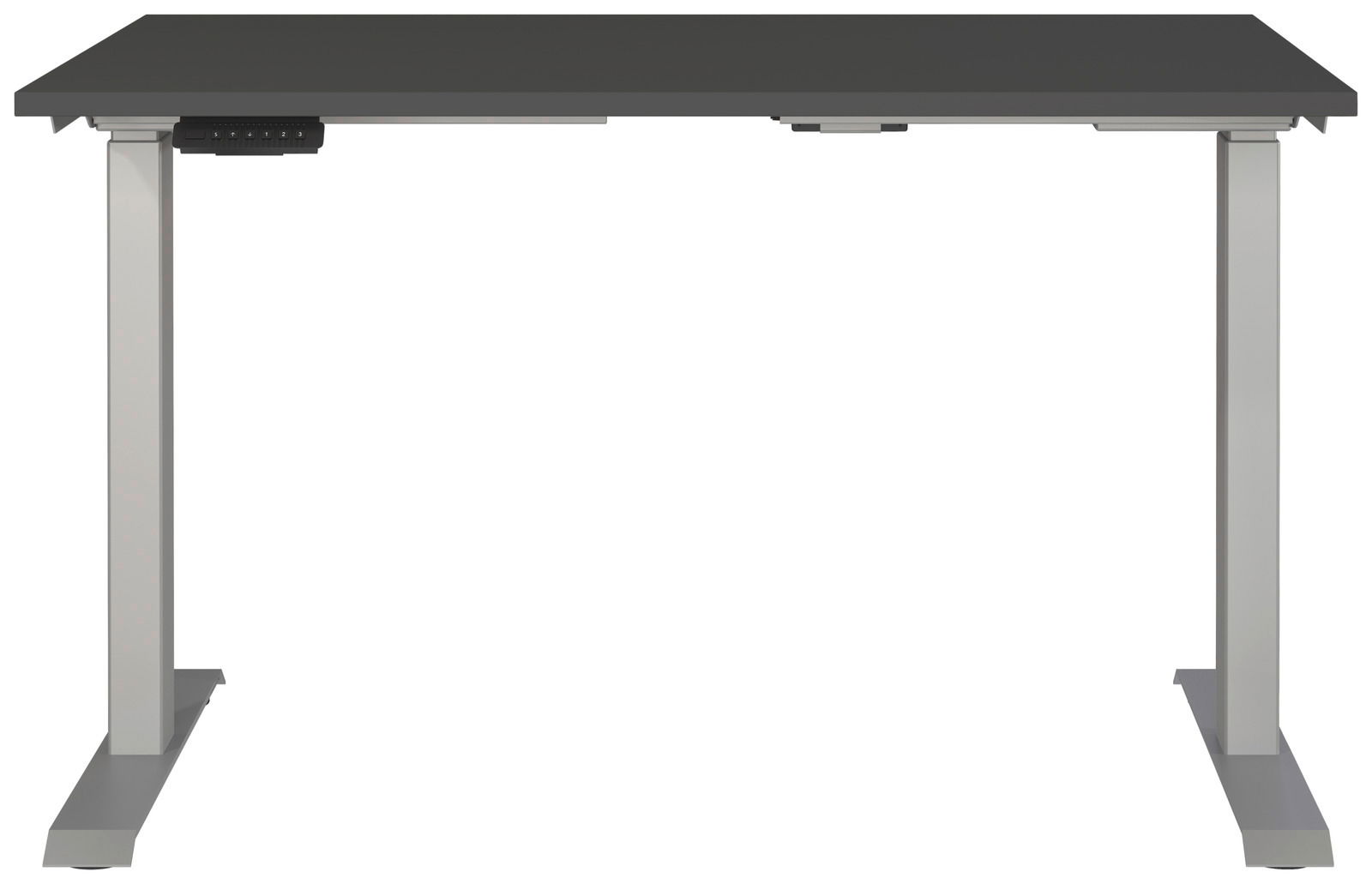 Elektrisch höhenverstellbarer Schreibtisch in der Frontalansicht mit grauer Tischplatte und silbernen Beinen.
