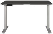 Elektrisch höhenverstellbarer Schreibtisch in der Frontalansicht mit grauer Tischplatte und silbernen Beinen.