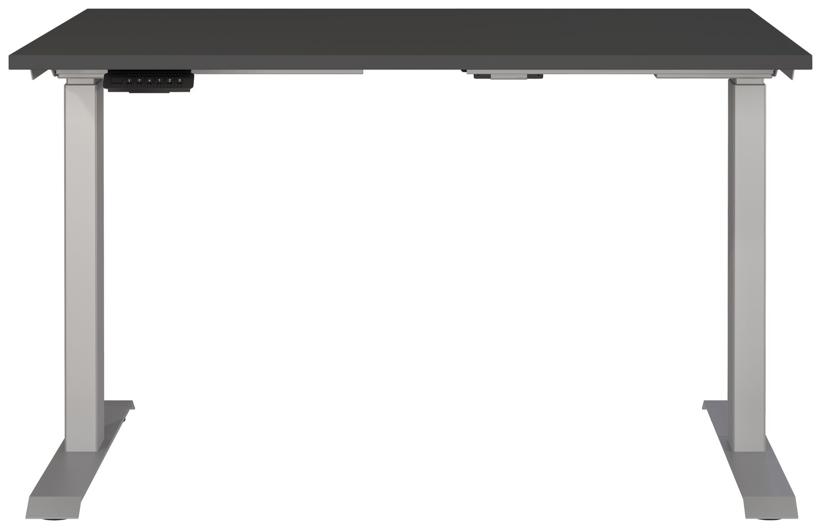 Elektrisch höhenverstellbarer Schreibtisch in der Frontalansicht mit grauer Tischplatte und silbernen Beinen.