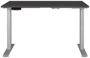 Elektrisch höhenverstellbarer Schreibtisch in der Frontalansicht mit grauer Tischplatte und silbernen Beinen.