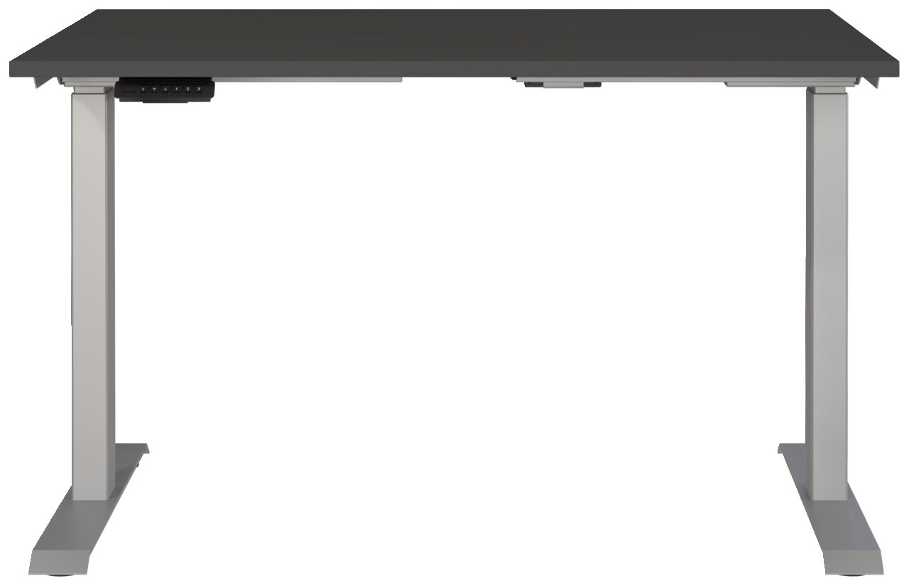 Elektrisch höhenverstellbarer Schreibtisch in der Frontalansicht mit grauer Tischplatte und silbernen Beinen.