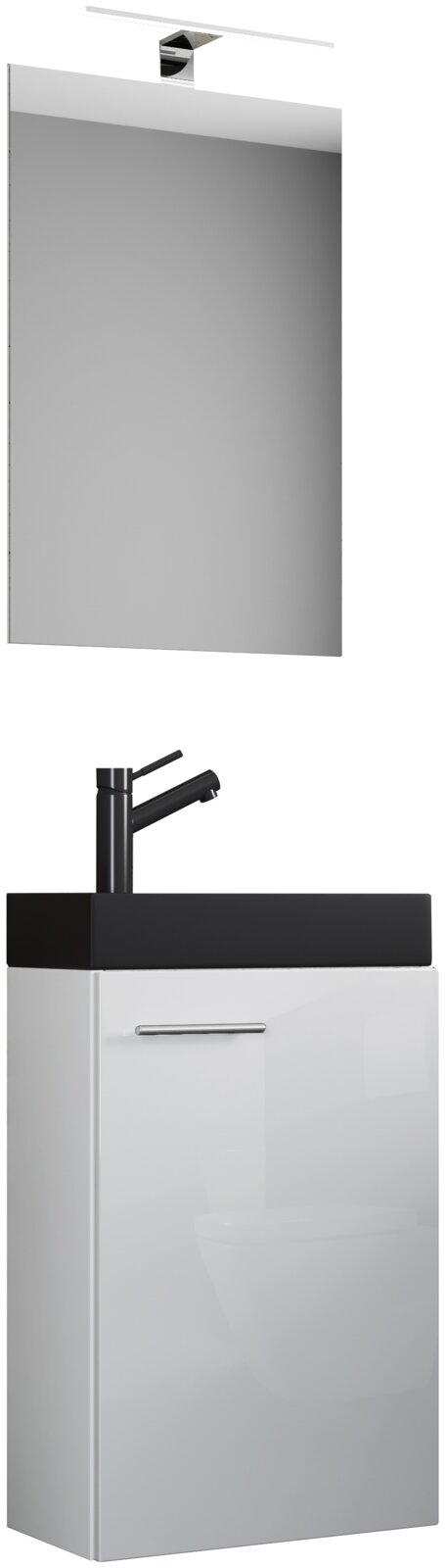 VCM 3-tlg. Gäste-Waschplatz SLITO Modernes Badezimmer-Set mit rechteckigem Spiegel und LED-Aufsatzleuchte sowie weißem Waschtischunterschrank mit schwarzem Waschtisch und schwarzer Armatur, Frontansicht leicht schräg von links
