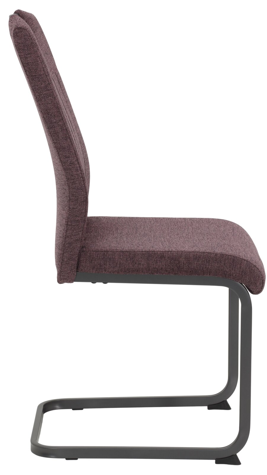 Zijaanzicht van een moderne schommelstoel met donkerrode stoffen bekleding en een zwart metalen frame.