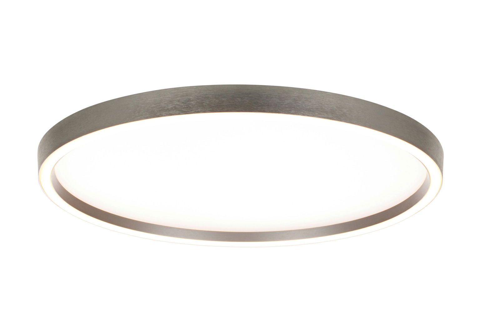 Runde LED-Deckenleuchte in seitlicher Perspektive mit modernem Design und mattem Metallrahmen.