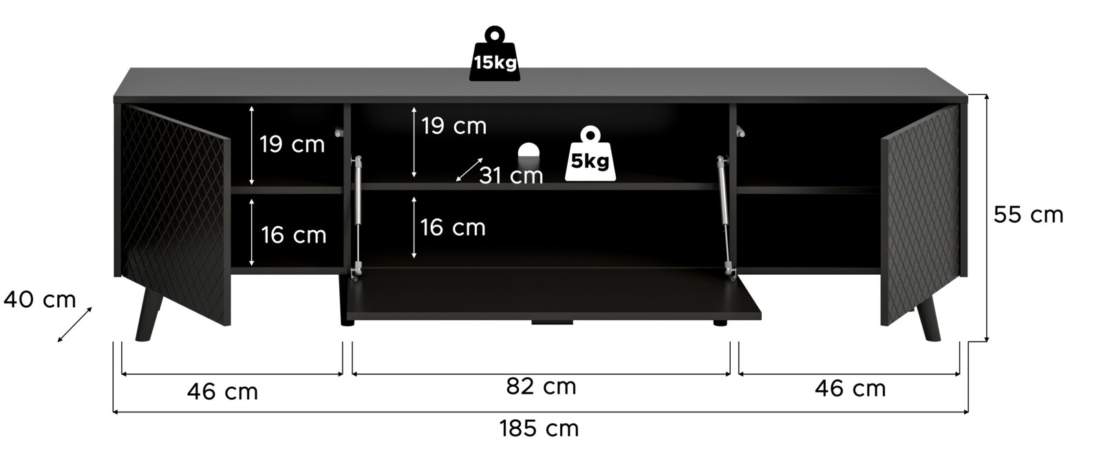 Schwarzes Lowboard mit zwei Türen und einem offenen Fach in der Mitte, Maße: 185 cm Breite, 55 cm Höhe, 40 cm Tiefe, Frontansicht.