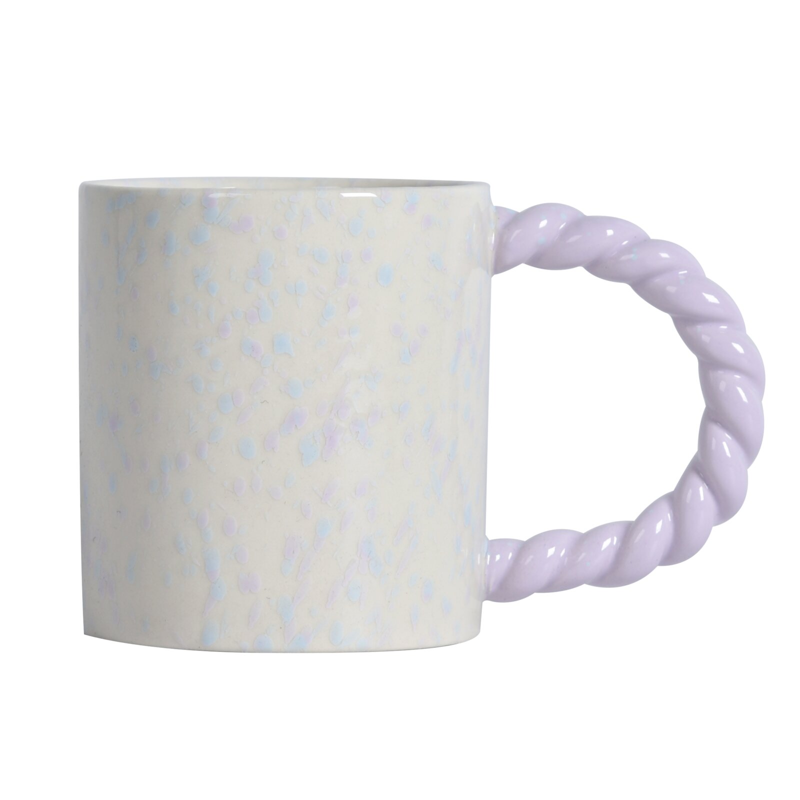 Novel Koffiebeker CREATIVE DEW Koffiemok met een pastelkleurig, gespikkeld patroon en een gedraaide oor, zijaanzicht