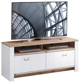 TV-Lowboard aus Holz mit weißem Korpus und zwei offenen Fächern, frontal fotografiert.