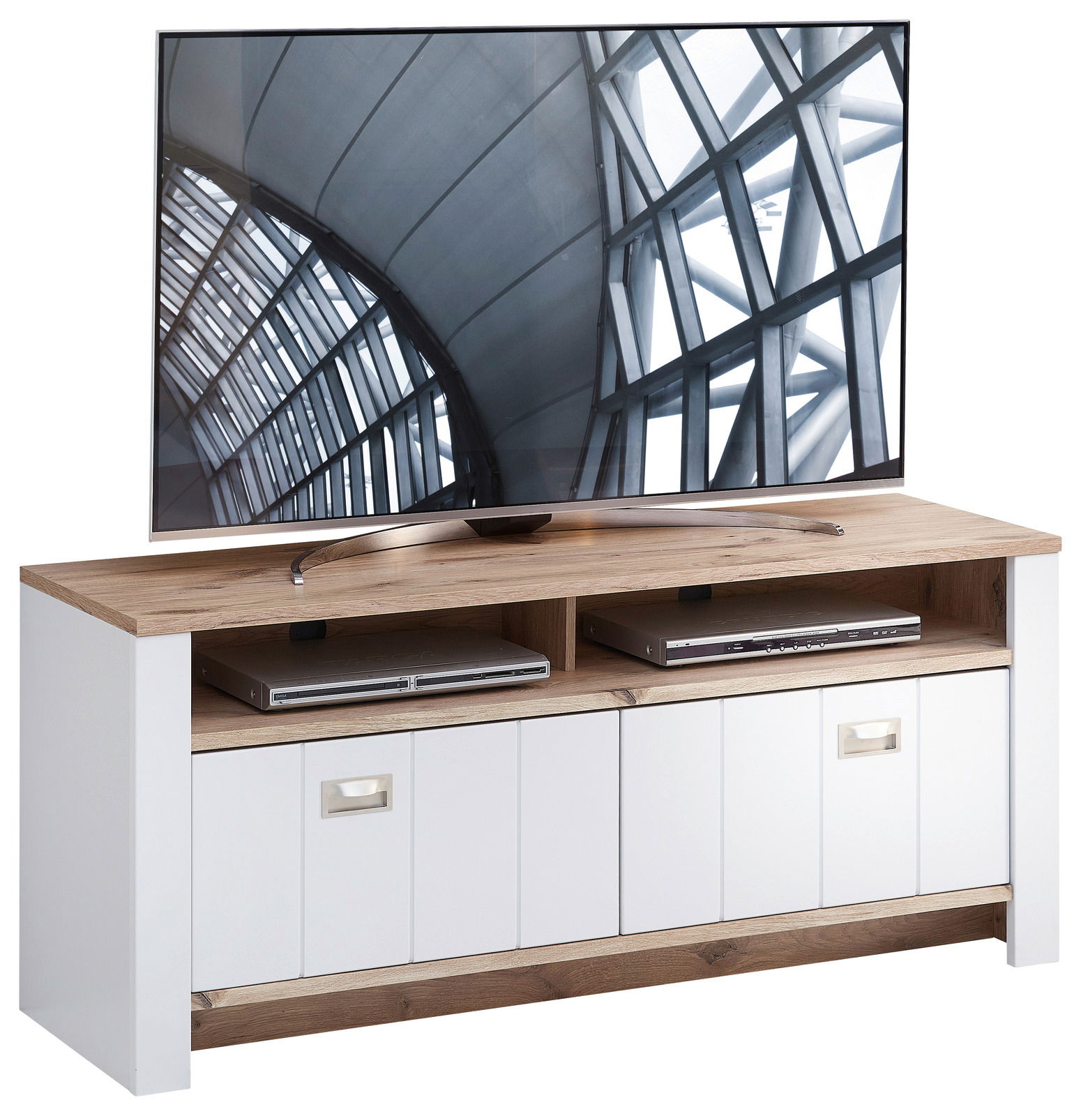 Hom´in TV-Lowboard ETIENNE TV-Lowboard aus Holz mit weißem Korpus und zwei offenen Fächern, frontal fotografiert.