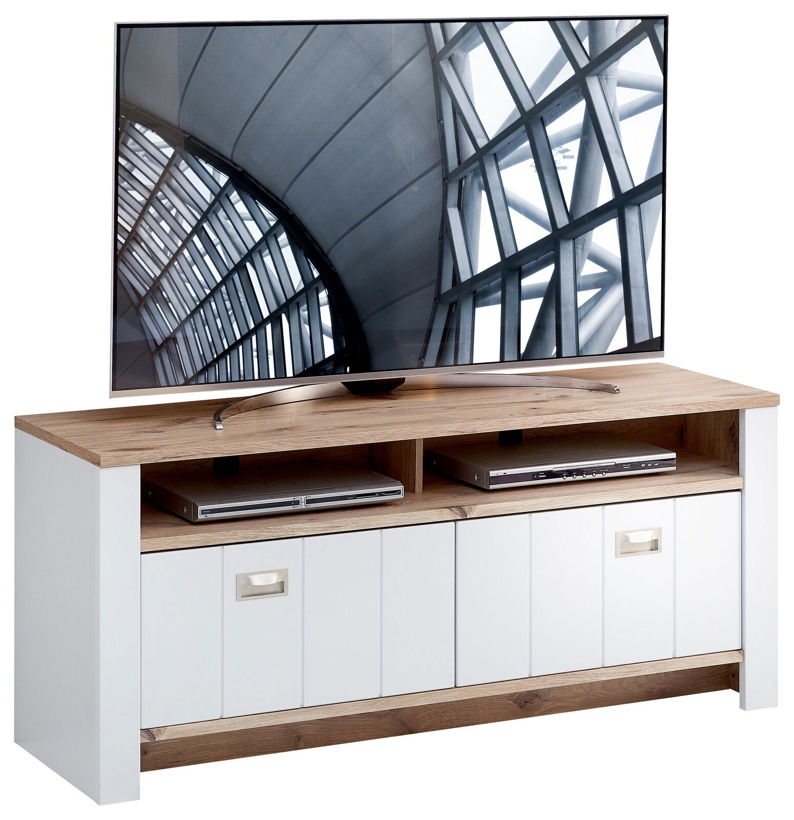 TV-Lowboard aus Holz mit weißem Korpus und zwei offenen Fächern, frontal fotografiert.