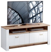 TV-Lowboard aus Holz mit weißem Korpus und zwei offenen Fächern, frontal fotografiert.