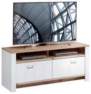 TV-Lowboard aus Holz mit weißem Korpus und zwei offenen Fächern, frontal fotografiert.
