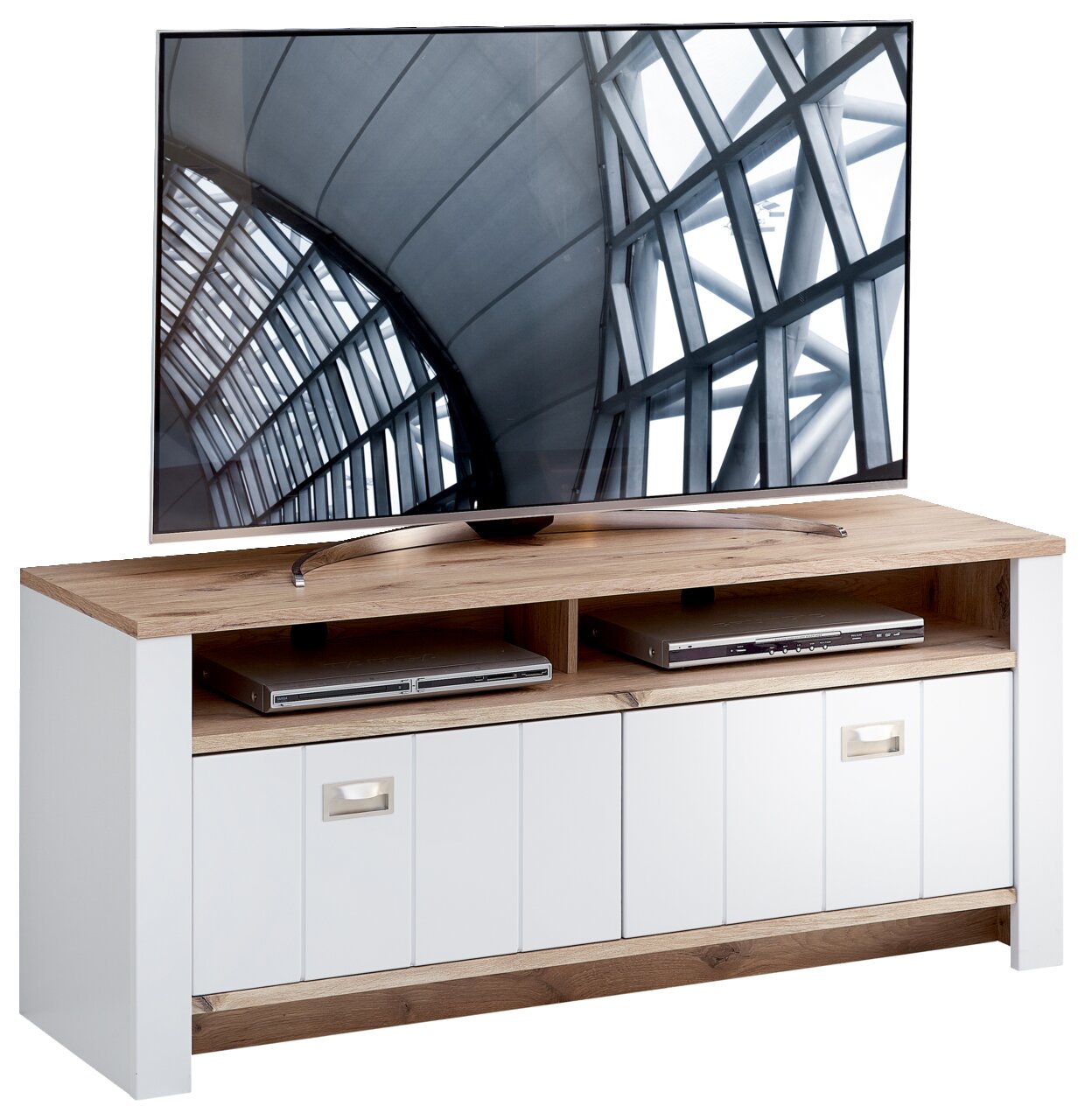 TV-Lowboard aus Holz mit weißem Korpus und zwei offenen Fächern, frontal fotografiert.