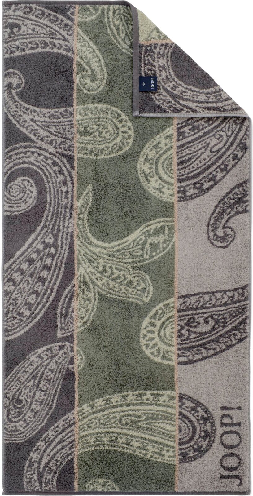 JOOP! Handtuch 50x100cm CONTOUR Gemustertes Joop! Handtuch mit Paisley-Design in Grau, Grün und Beige, Draufsicht von oben mit umgeschlagener Ecke