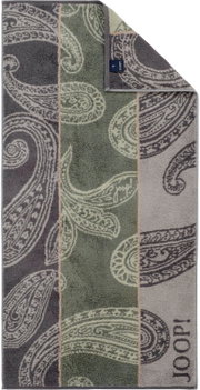 Gemustertes Joop! Handtuch mit Paisley-Design in Grau, Grün und Beige, Draufsicht von oben mit umgeschlagener Ecke