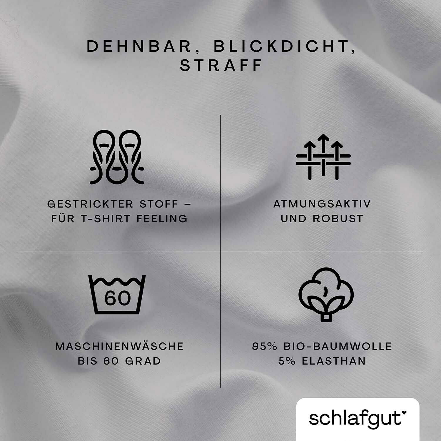Spannbettlaken XL 511 aus dehnbarem, blickdichtem und straffem Material, gestrickter Stoff für T-Shirt Feeling, atmungsaktiv und robust, maschinenwaschbar bis 60 Grad, besteht aus 95% Bio-Baumwolle und 5% Elasthan, Draufsicht.
