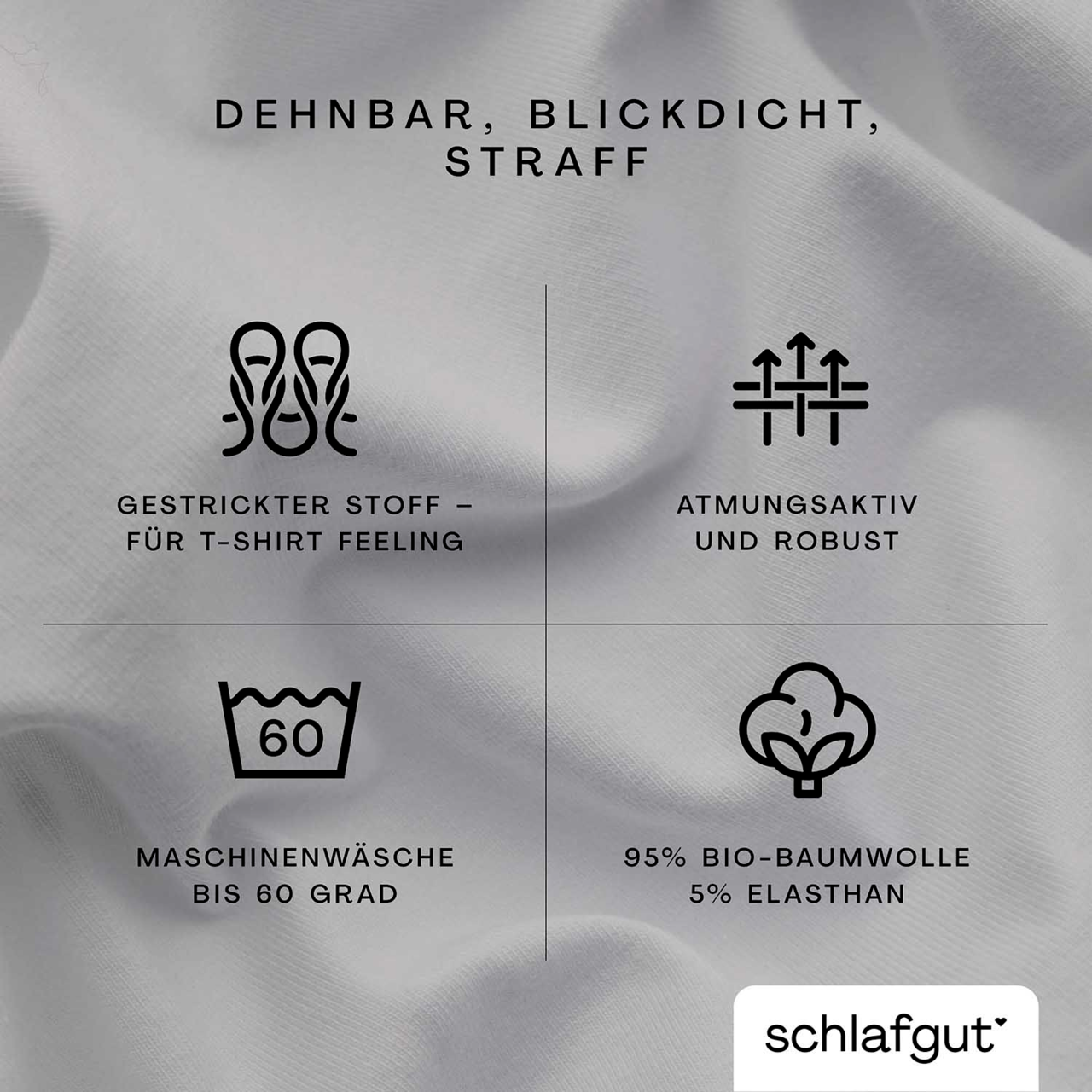 Spannbettlaken XL 511 aus dehnbarem, blickdichtem und straffem Material, gestrickter Stoff für T-Shirt Feeling, atmungsaktiv und robust, maschinenwaschbar bis 60 Grad, besteht aus 95% Bio-Baumwolle und 5% Elasthan, Draufsicht.