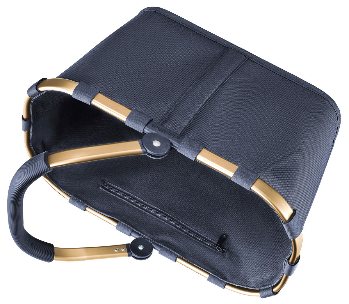 Schwarzer Einkaufskorb mit goldenen Griffen, von oben betrachtet