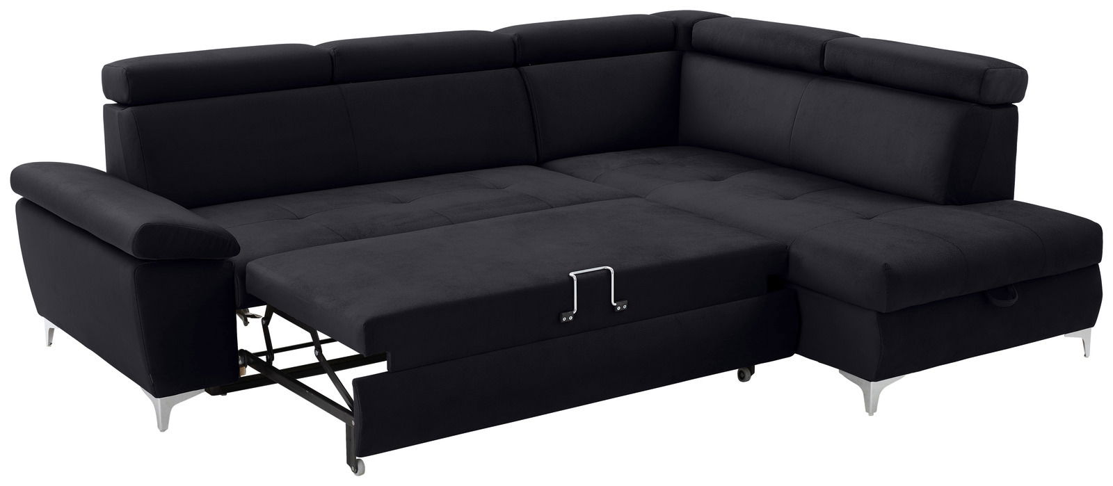 Schwarze Rundecke mit ausziehbarer Liegefläche, Perspektive von vorne links