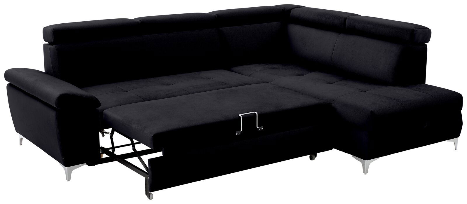 Schwarze Rundecke mit ausziehbarer Liegefläche, Perspektive von vorne links