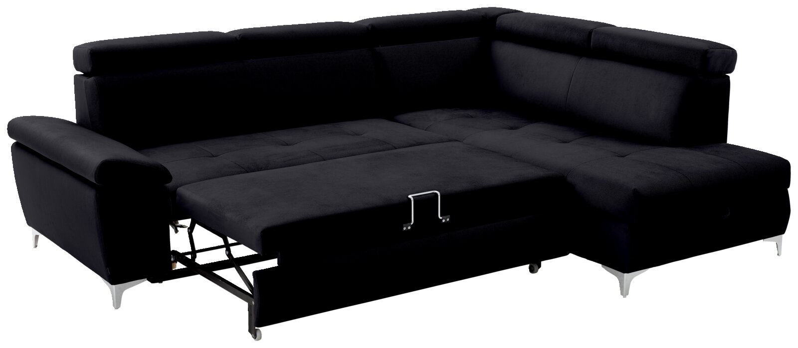 Schwarze Rundecke mit ausziehbarer Liegefläche, Perspektive von vorne links