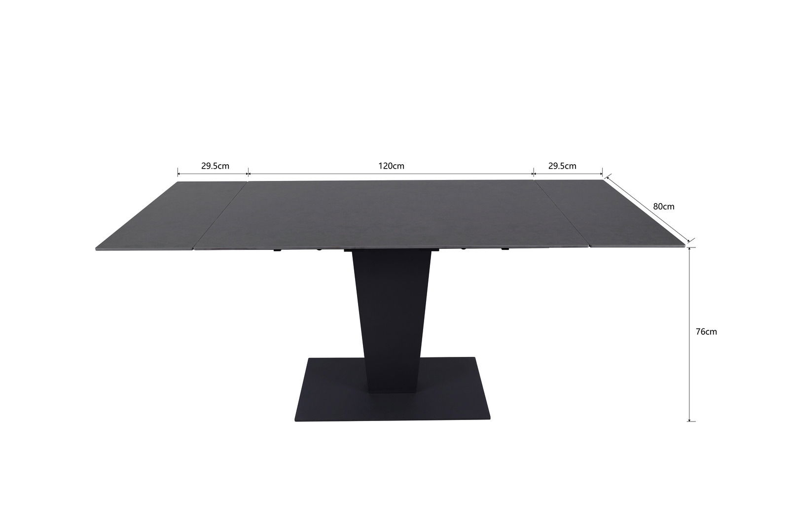 Moderner Esstisch mit schwarzer Tischplatte und zentralem Standfuß, frontal betrachtet.