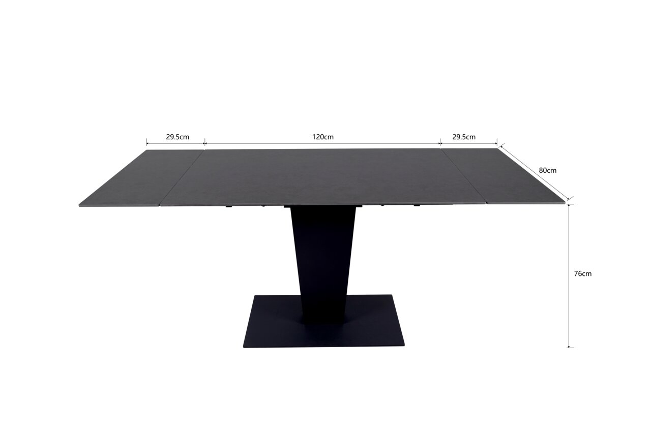 Moderne eettafel met zwart tafelblad en centrale poot, gezien vanaf de voorkant.
