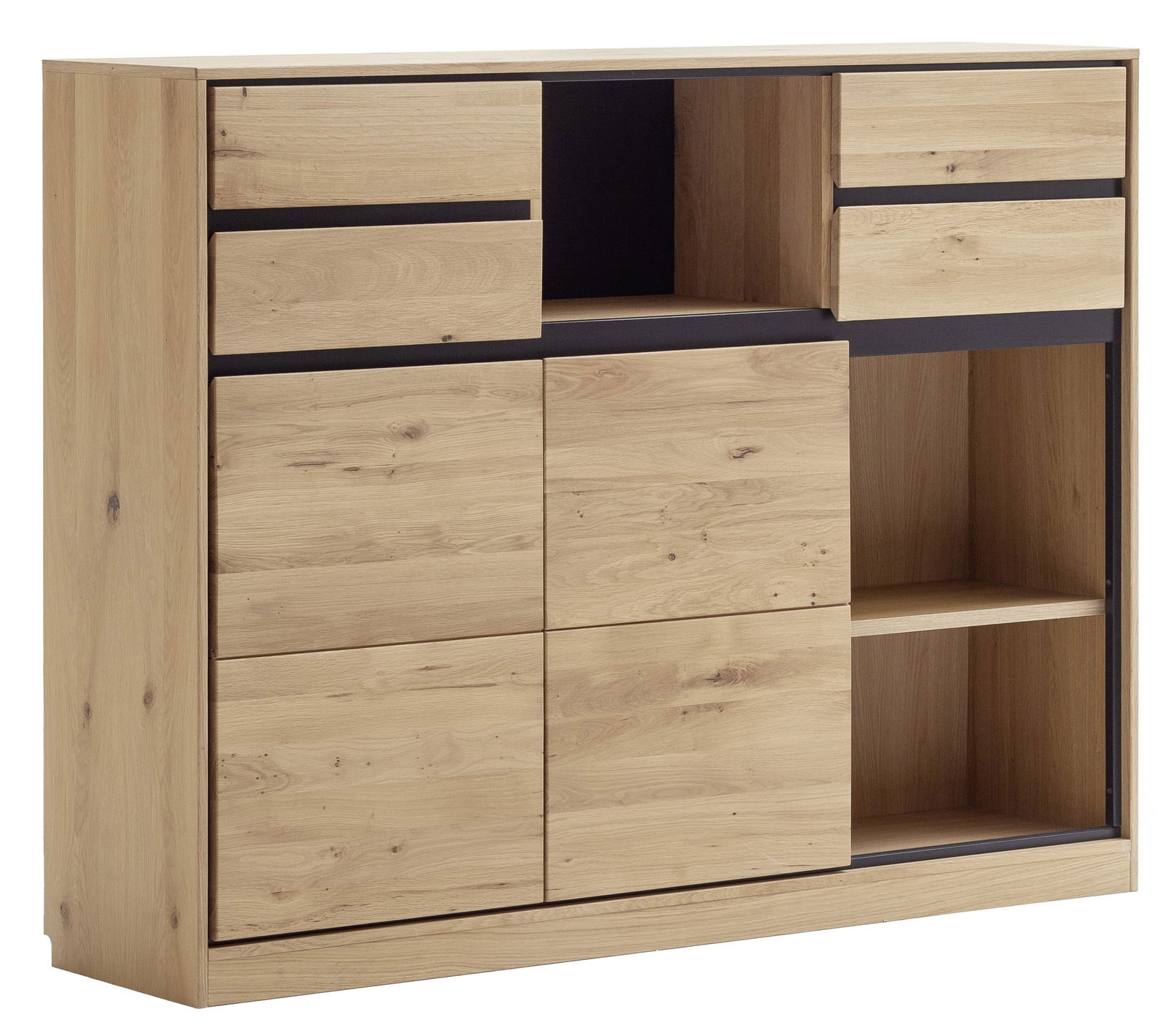 Bücherregal aus Holz mit mehreren Fächern und Schubladen, seitliche Perspektive