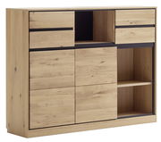 Bücherregal aus Holz mit mehreren Fächern und Schubladen, seitliche Perspektive