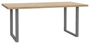 Moderner Esstisch mit Holzplatte und grauen Metallbeinen, seitliche Perspektive