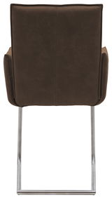 Rückansicht eines braunen Freischwinger-Sessels mit Metallgestell.