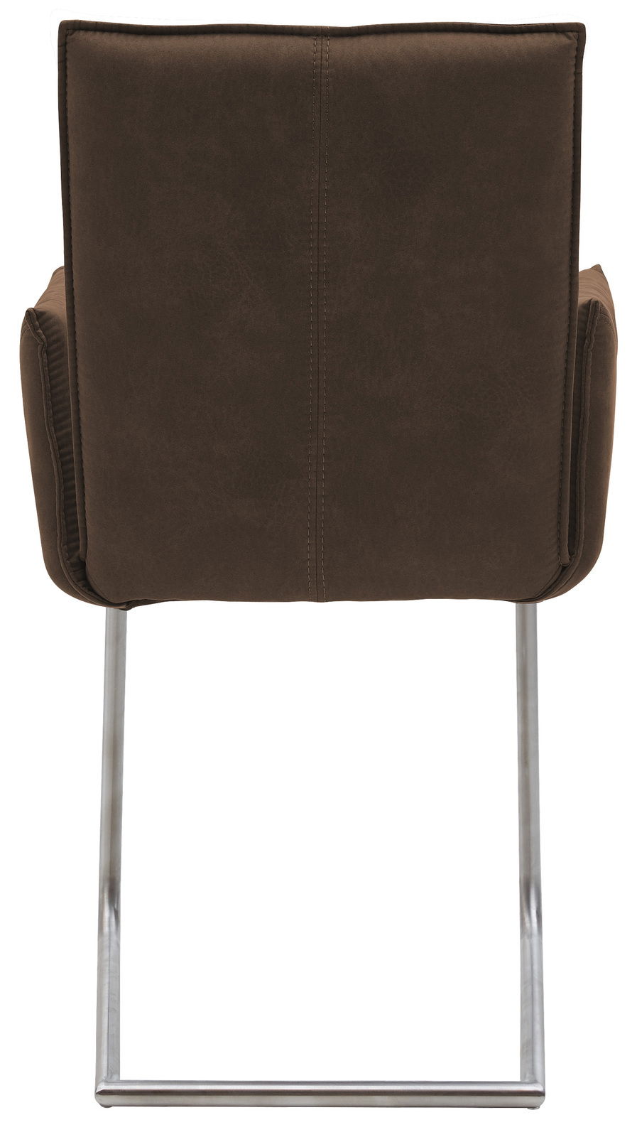 Rückansicht eines braunen Freischwinger-Sessels mit Metallgestell.