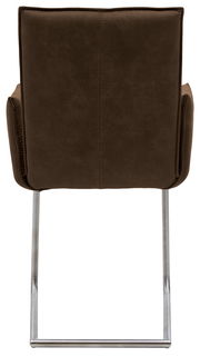 Rückansicht eines braunen Freischwinger-Sessels mit Metallgestell.