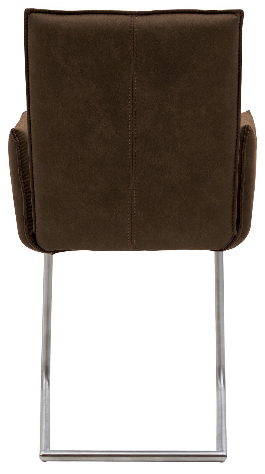 Rückansicht eines braunen Freischwinger-Sessels mit Metallgestell.