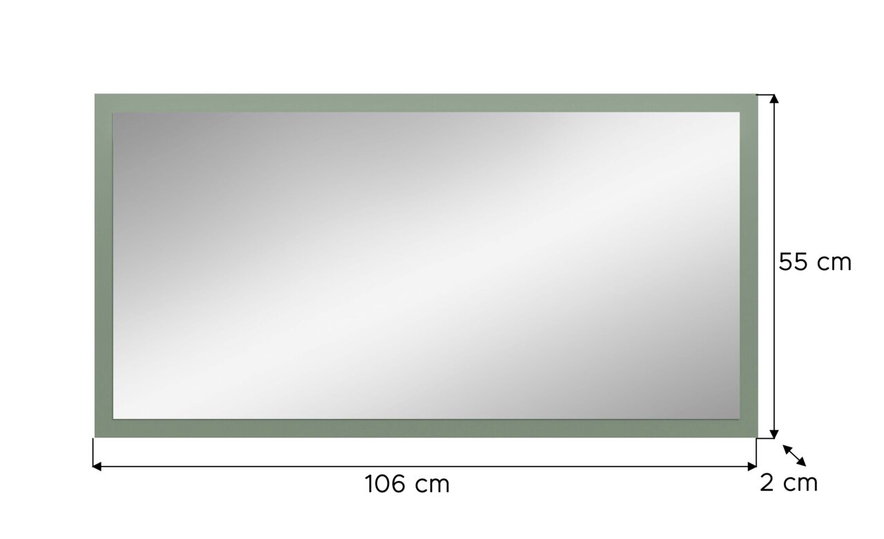 Rechteckiger Wandspiegel mit grünlichem Rahmen, Maße ca. 106 x 55 cm und Rahmenstärke ca. 2 cm, Frontalansicht.