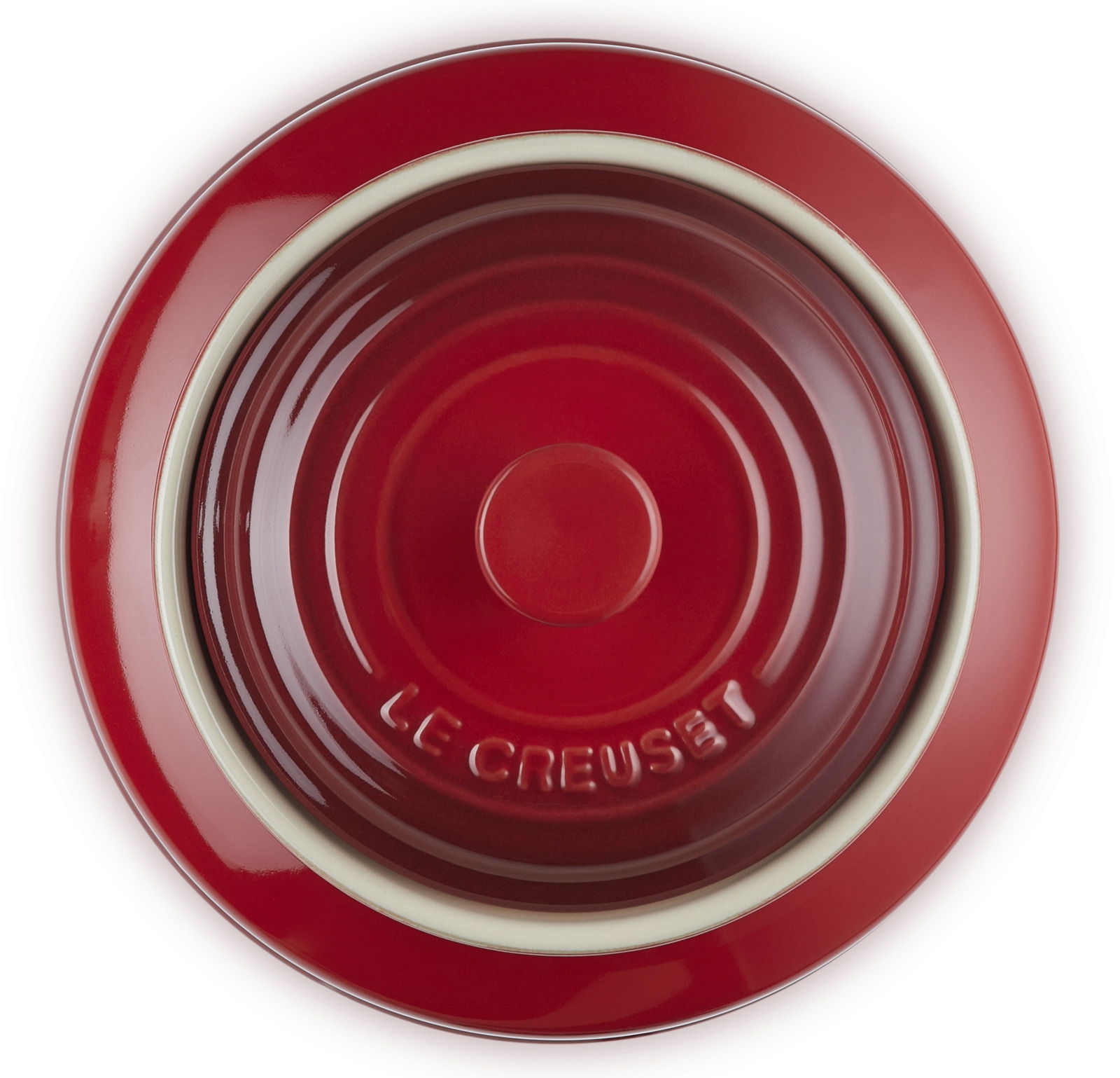 LE CREUSET Keksdose Kirschrot STONE Rote Keksdose mit Deckel, Draufsicht, Marke Le Creuset