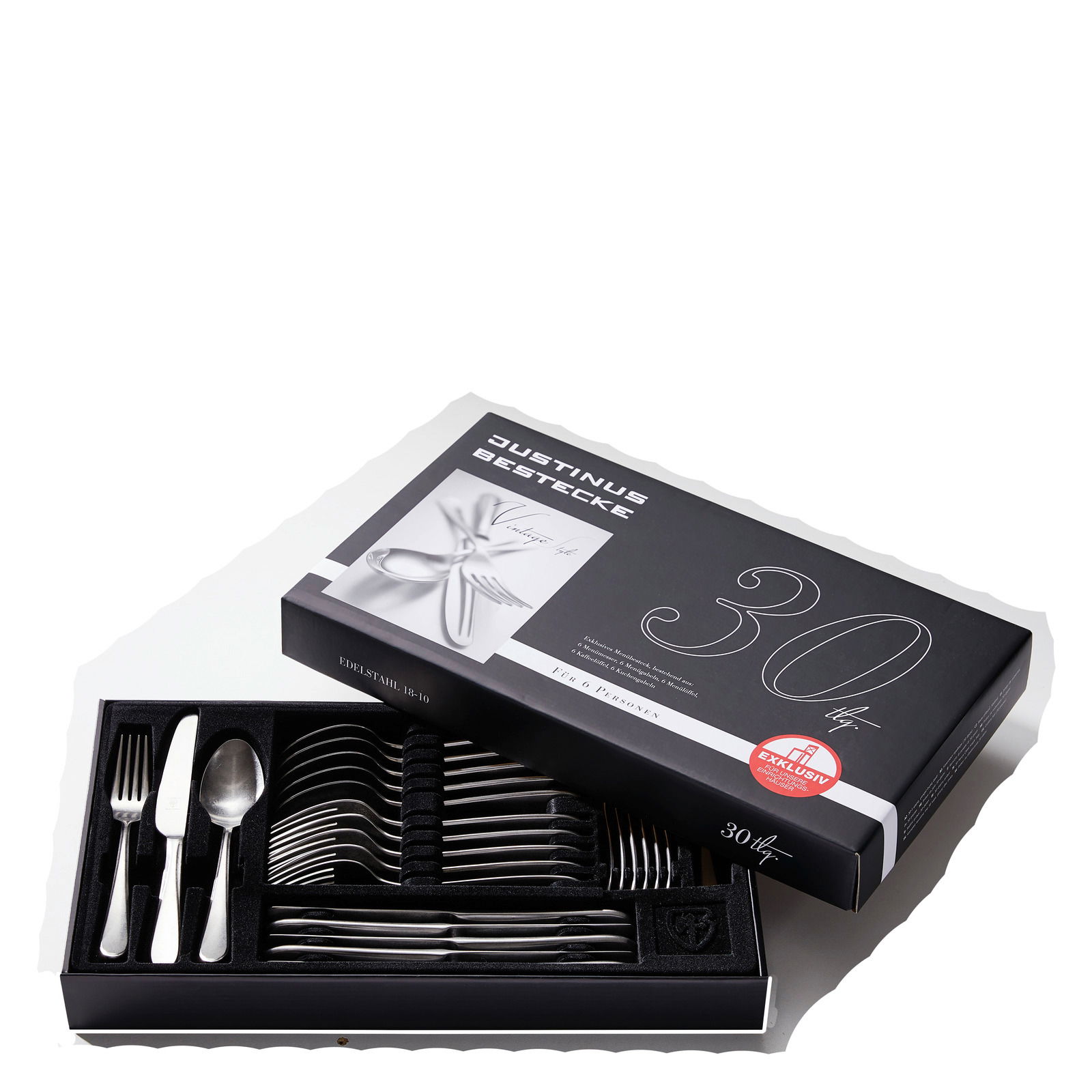 Menübesteck 30-teilig in geöffneter Verpackung, Perspektive von oben