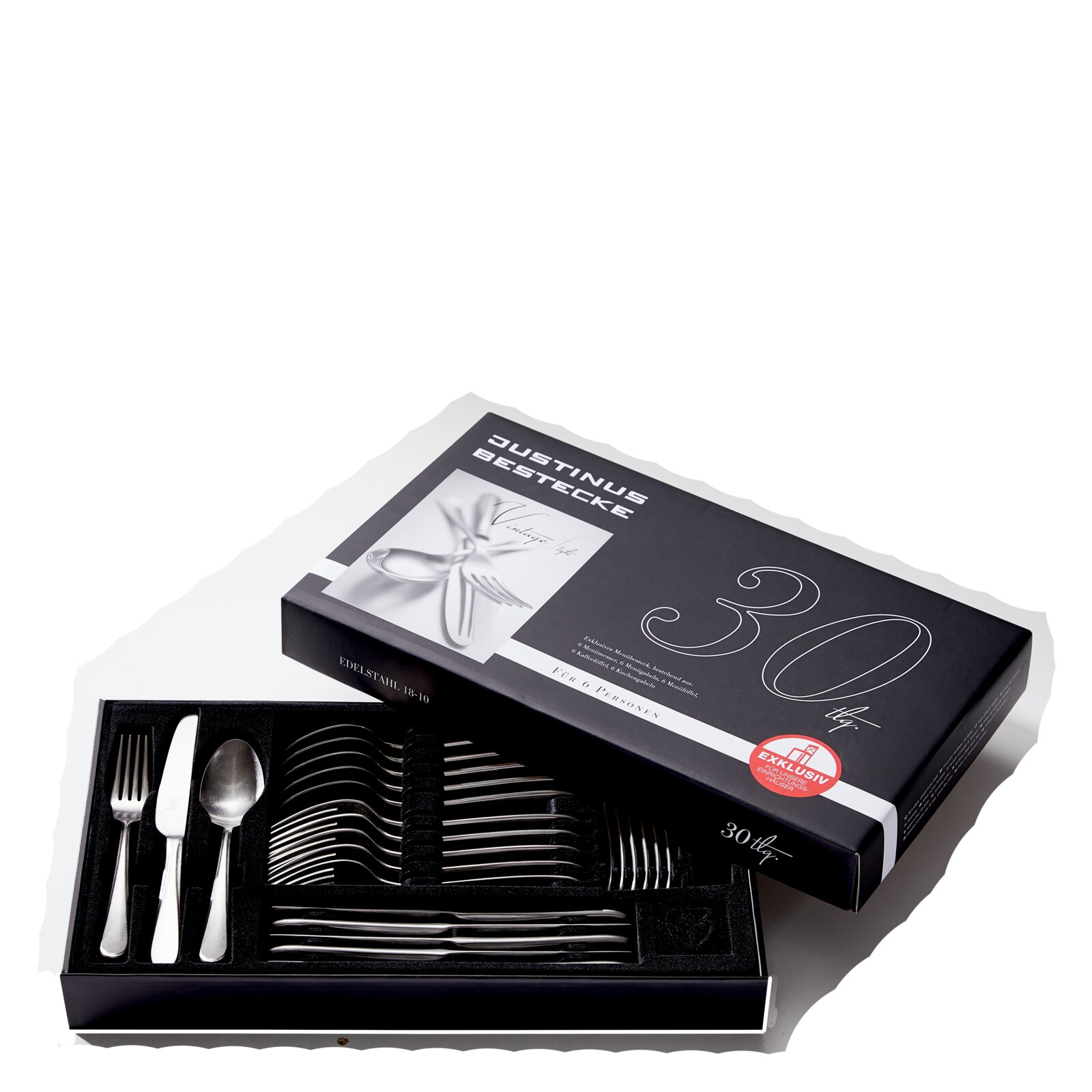 Menübesteck 30-teilig in geöffneter Verpackung, Perspektive von oben