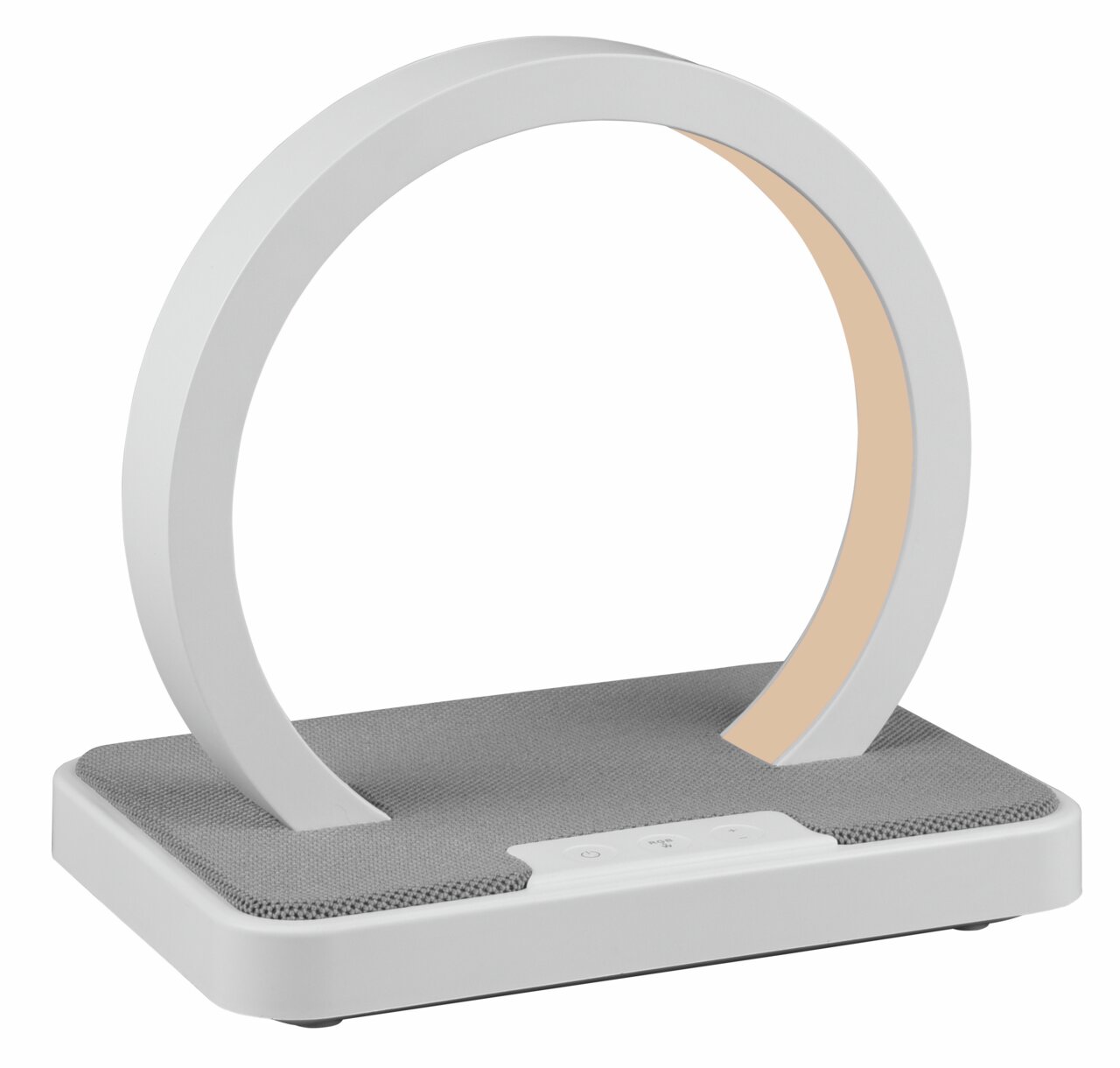 Moderne LED-Tischlampe in Ringform mit grauer Basis, seitliche Perspektive