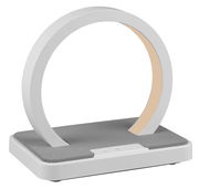 Moderne LED-Tischlampe in Ringform mit grauer Basis, seitliche Perspektive