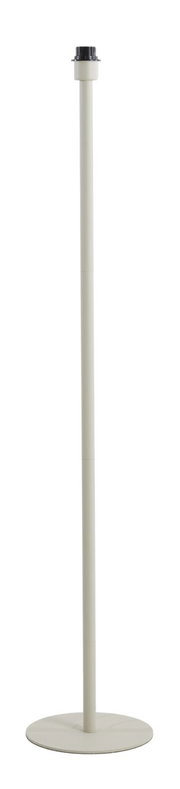 Staande lamp in zijaanzicht, slanke witte voet met ronde sokkel.