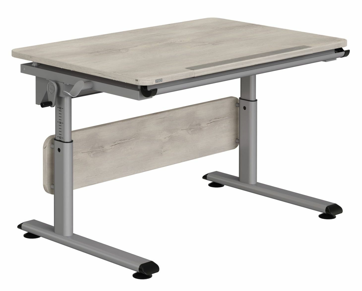Moderner Schreibtisch mit höhenverstellbaren Beinen und Holzoptik, seitliche Perspektive