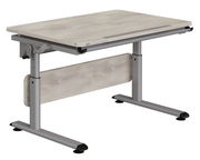 Moderner Schreibtisch mit höhenverstellbaren Beinen und Holzoptik, seitliche Perspektive