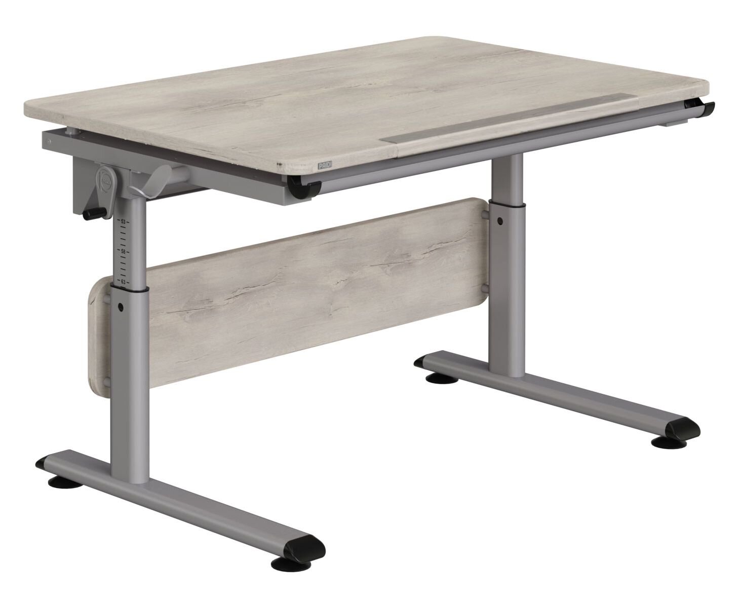 Moderner Schreibtisch mit höhenverstellbaren Beinen und Holzoptik, seitliche Perspektive