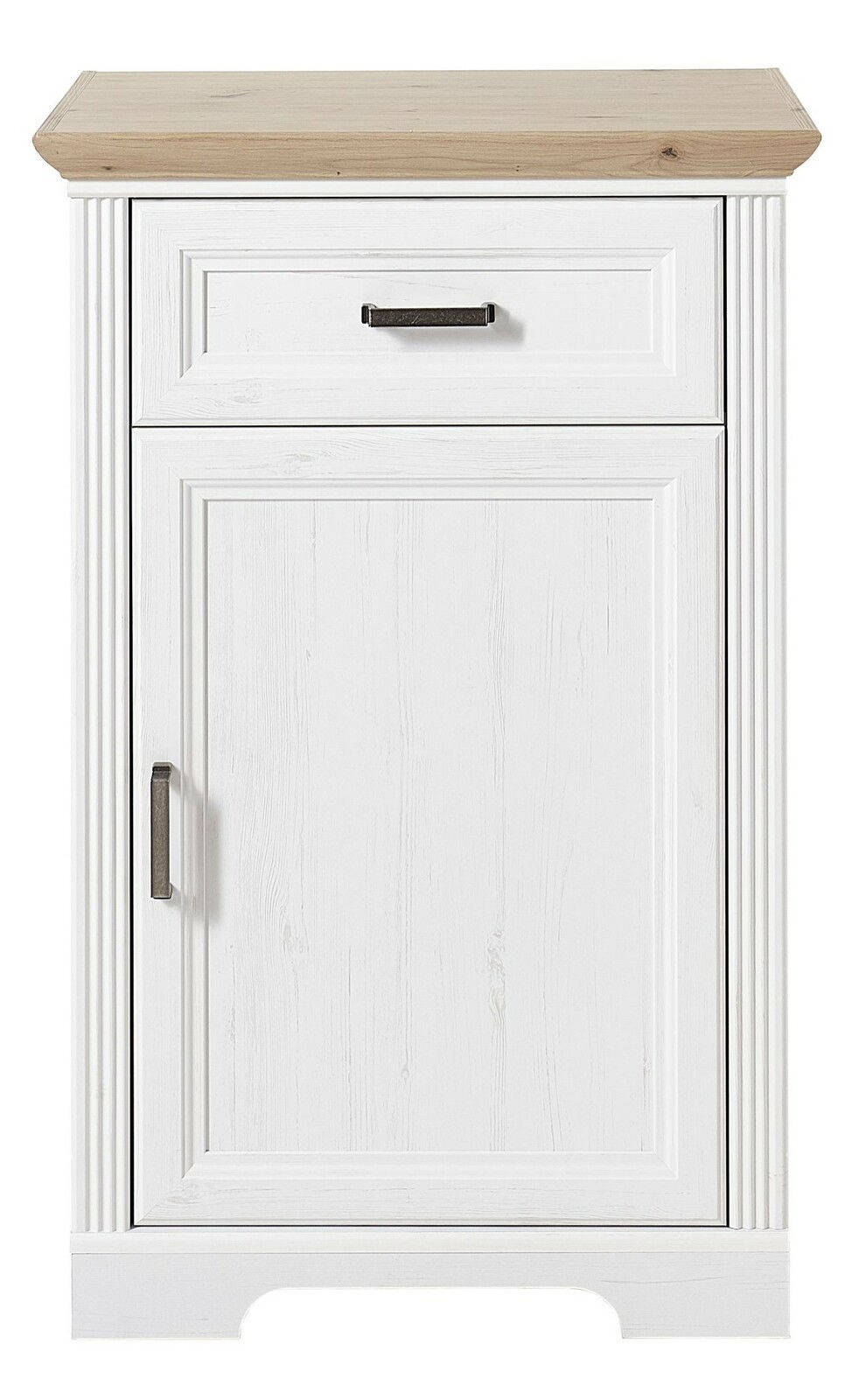 Schmaler Schuhschrank in Weiß mit Holzoberfläche, Frontalansicht