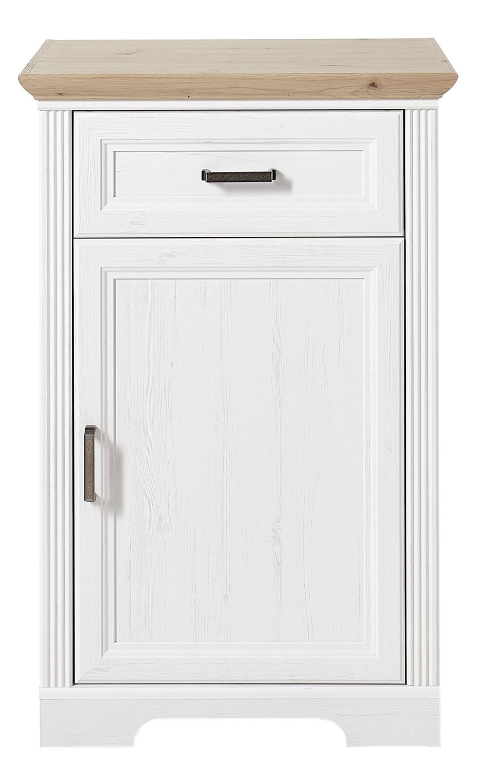 Schmaler Schuhschrank in Weiß mit Holzoberfläche, Frontalansicht