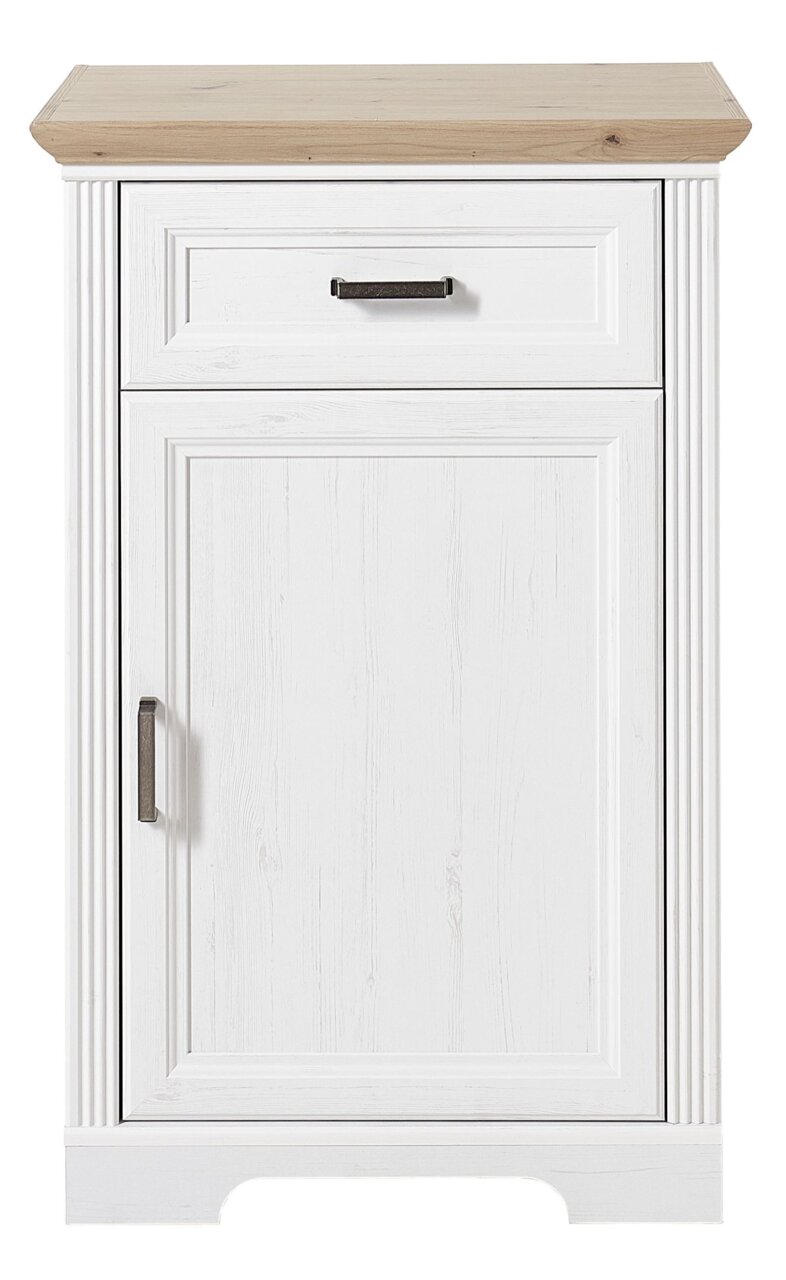 Schmaler Schuhschrank in Weiß mit Holzoberfläche, Frontalansicht