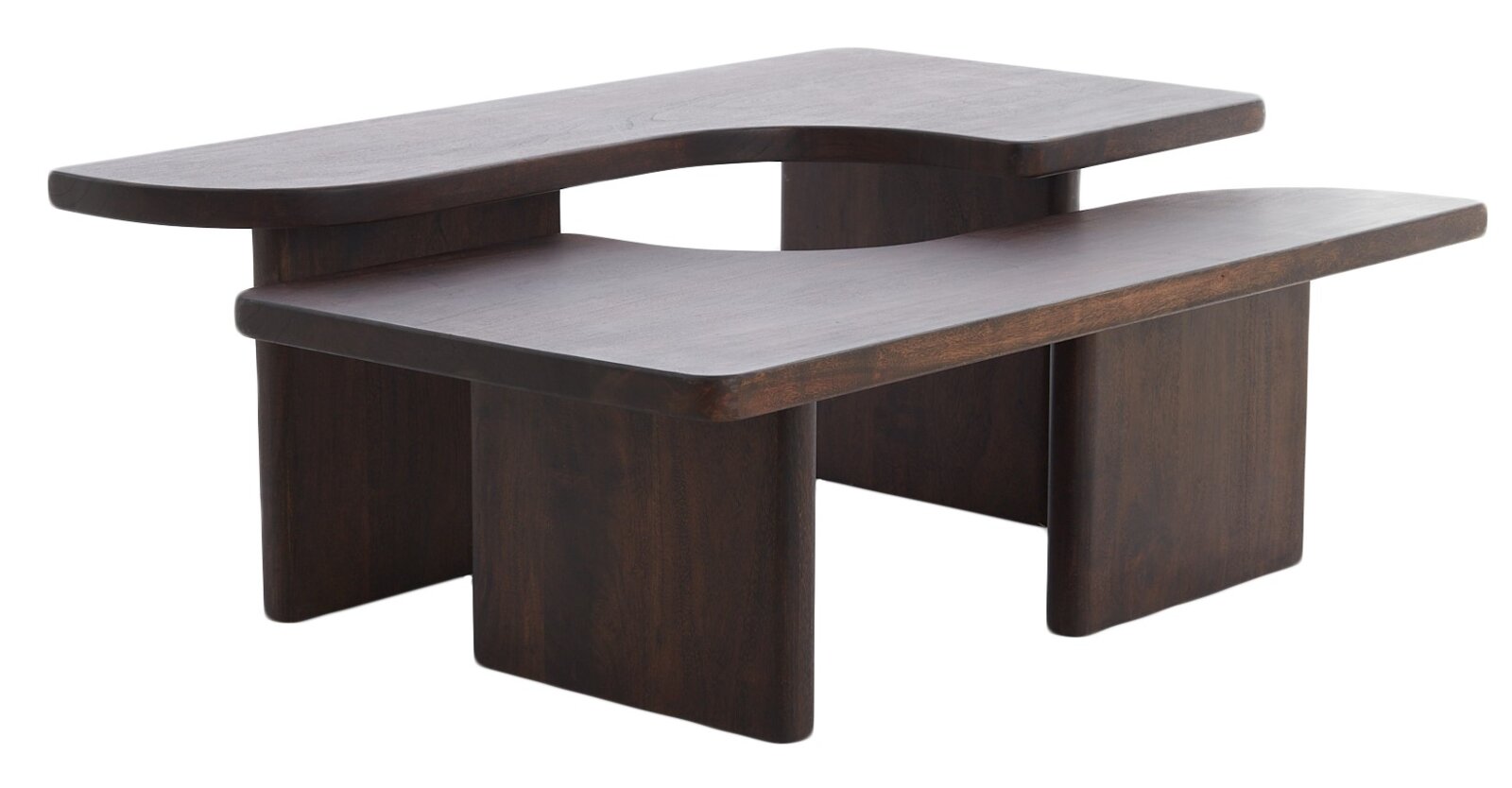 Moderner Couchtisch aus dunklem Holz mit geschwungenem Design, seitliche Perspektive