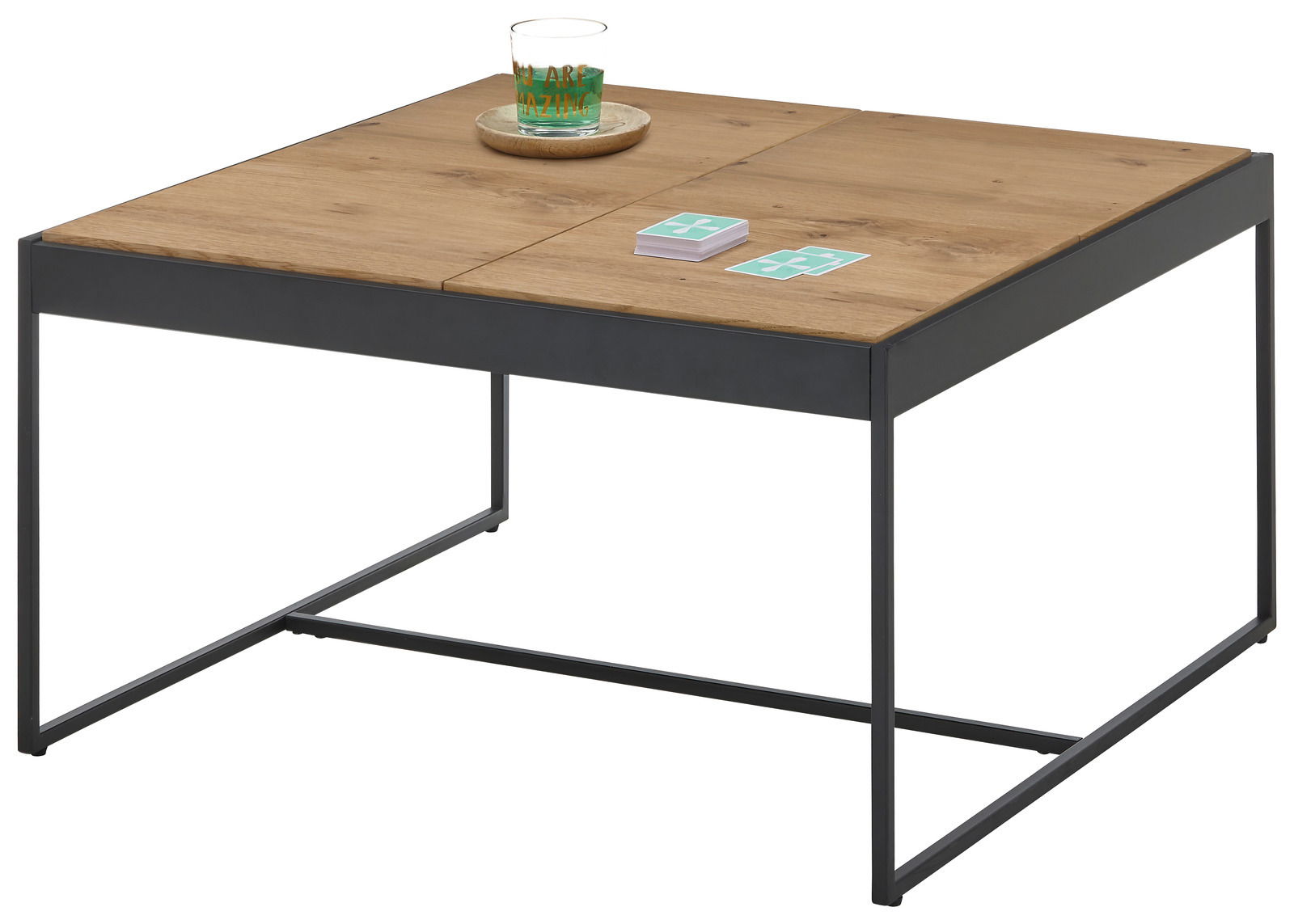 Moderner Couchtisch mit Holzplatte und schwarzem Metallgestell, seitliche Perspektive